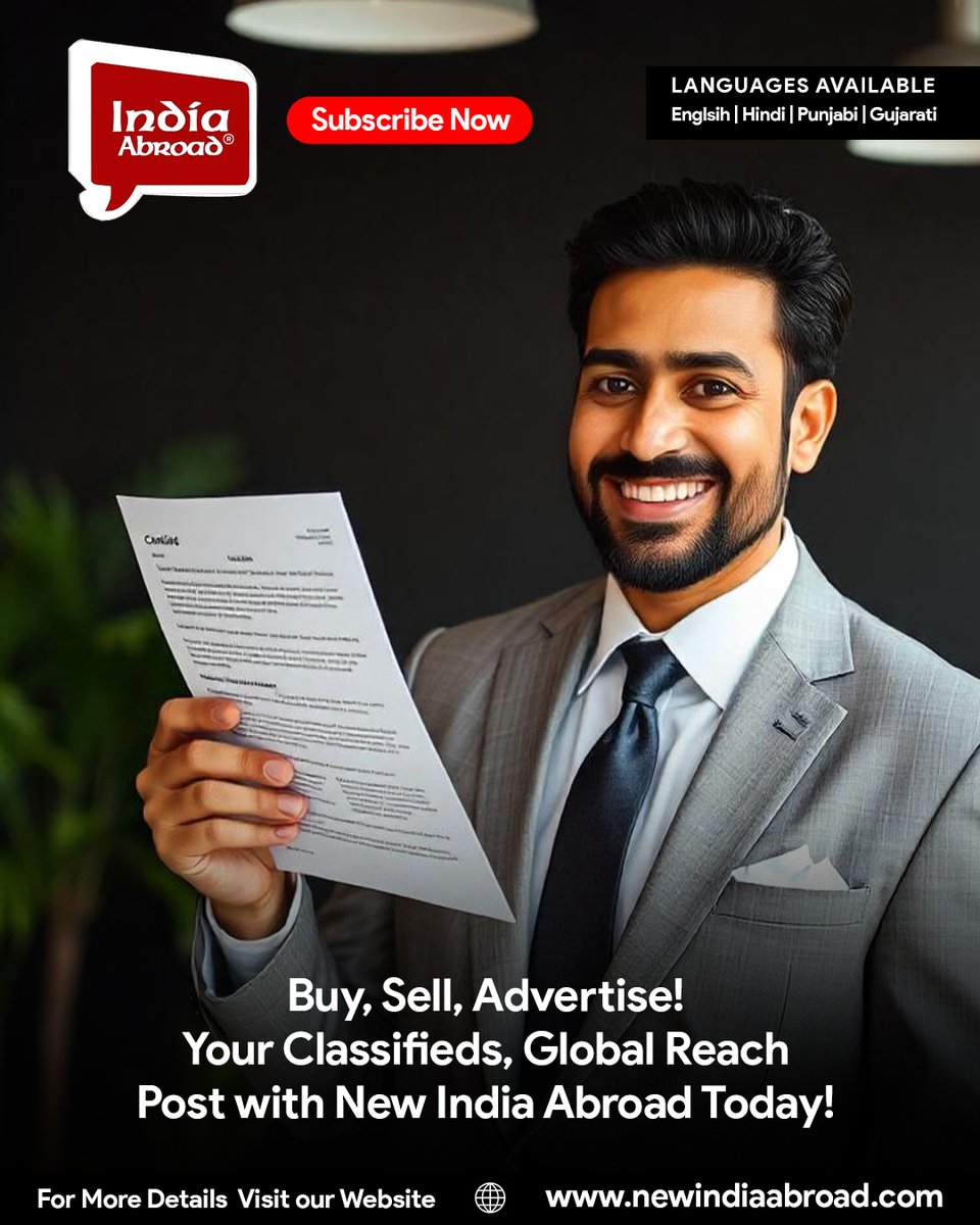 IndiaAbroad_'s tweet image. Got Something to Share? Post Your Classified Now!
Buy, sell, or advertise your services with New India Abroad. Reach the global Indian community and get noticed. Post your classified today!
Visit newindiaabroad.com to get started.
#IndiaAbroad #Classifieds #NewIndiaAbroad