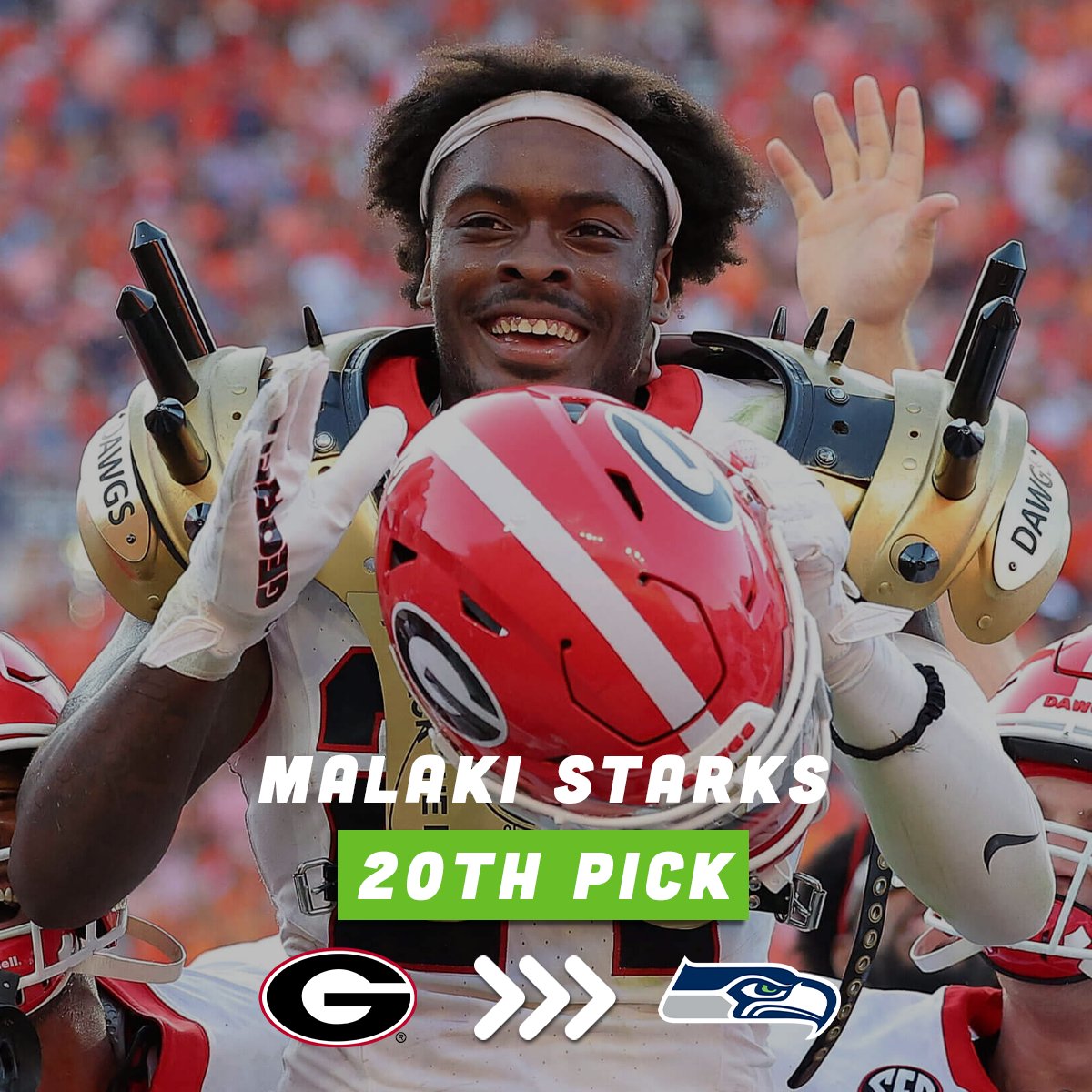 12thMan_App's tweet image. CBS' @EdwardsCBS has the #Seahawks taking Georgia S Malaki Starks with the 20th pick in his mock draft👀

Would you be happy with that?👇