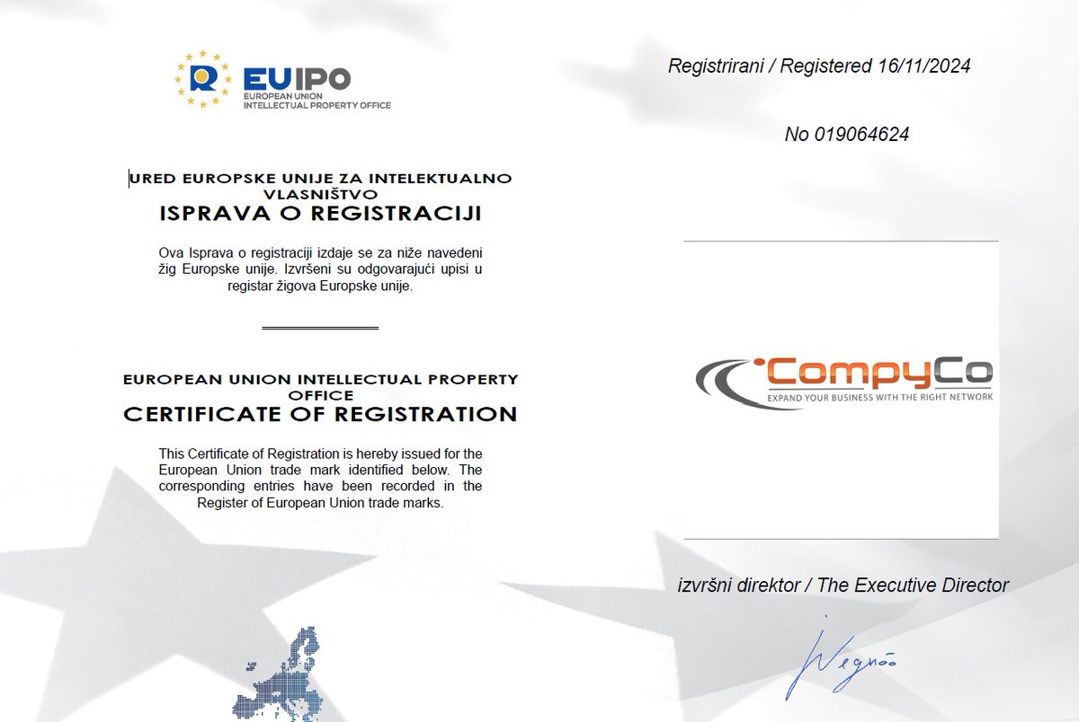CompyCo's tweet image. CompyCo is now a registered trademark!

Anyone looking to register a Trademark in 4 easy steps with an injection of EUIPO grant?
Contact info@compyco.com to find out more...