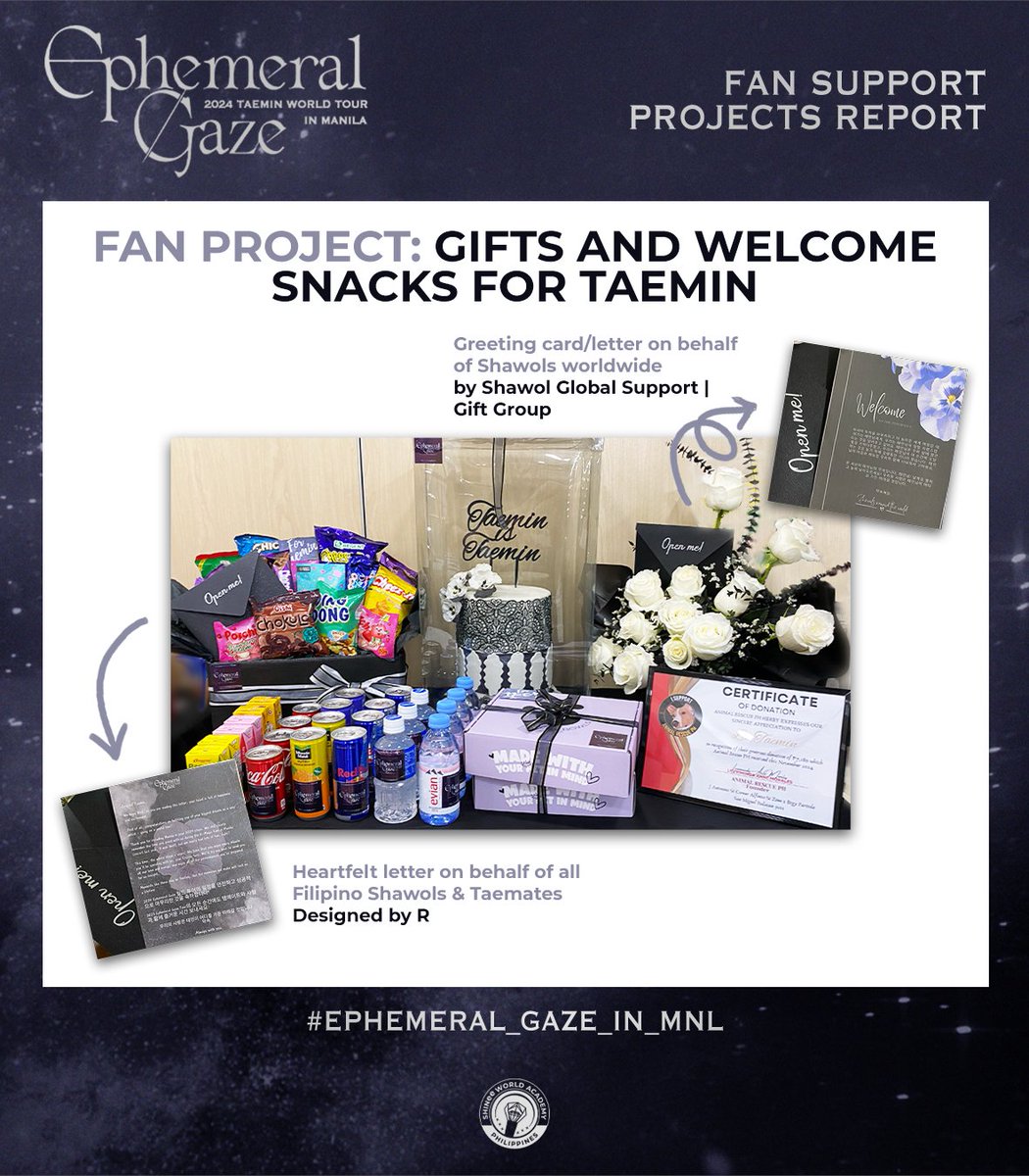 ✨Gifts &amp; Welcome Snacks For Taemin

We wanted to make sure to show our heartfelt appreciation and warm welcome by picking out the most meaningful gifts for Taemin, and making sure that he has enough snacks and refreshments readily accessible for him to enjoy in his green room.🥰