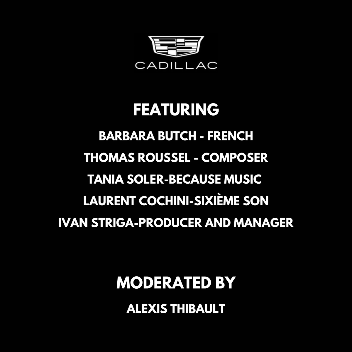 Sixième Son (@sixiemeson) on Twitter photo 🎶 <a href="/Cadillac/">Cadillac</a> is turning up the volume!
Join <a href="/LaurentCochini/">Laurent Cochini</a>, and an incredible panel:
🎤 Barbara Butch (DJ)
🎤 Thomas Roussel (Composer)
🎤 Tania Soler (Because Music)
🎤 Ivan Striga (Producer & Manager)
📅 Dec 5 | ⏰ 6:30 PM
🔗 Register: lnkd.in/eyqdcAg7
<a href="/Charlies_Agency/">Charlie’s Agency</a> 🎶 <a href="/Cadillac/">Cadillac</a> is turning up the volume!
Join <a href="/LaurentCochini/">Laurent Cochini</a>, and an incredible panel:
🎤 Barbara Butch (DJ)
🎤 Thomas Roussel (Composer)
🎤 Tania Soler (Because Music)
🎤 Ivan Striga (Producer & Manager)
📅 Dec 5 | ⏰ 6:30 PM
🔗 Register: lnkd.in/eyqdcAg7
<a href="/Charlies_Agency/">Charlie’s Agency</a>