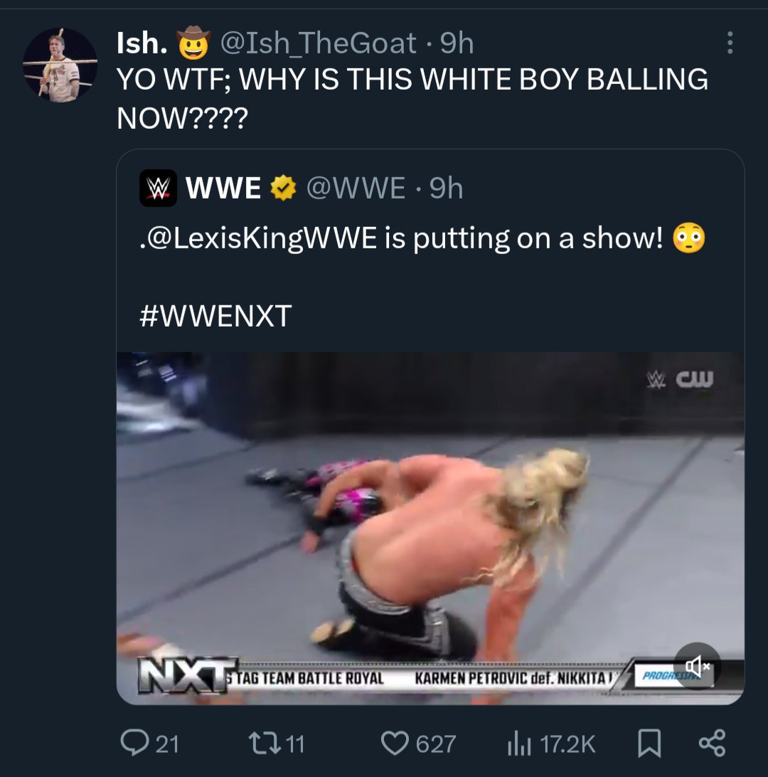 gordonjb's tweet photo. imagine being a WWE fan and having to pretend that "lexis king" is class https://t.co/3Cl3ZZie72