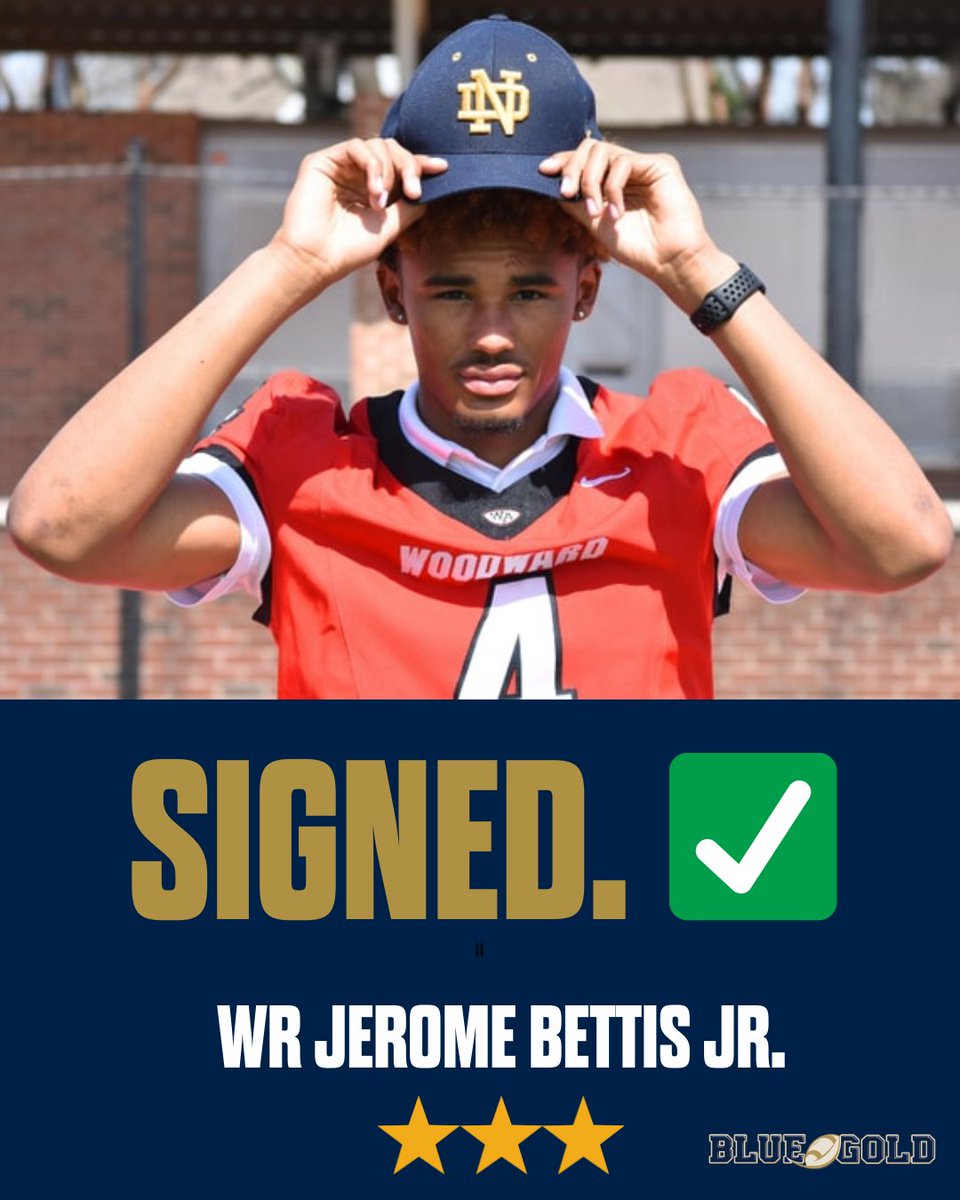 WR Jerome Bettis Jr. — son of The Bus — signs with Notre Dame football ☘️

6-3, 185-pound wide receiver who also looks great at safety. Very solid senior year. Awesome kid.

Story: on3.com/teams/notre-da…