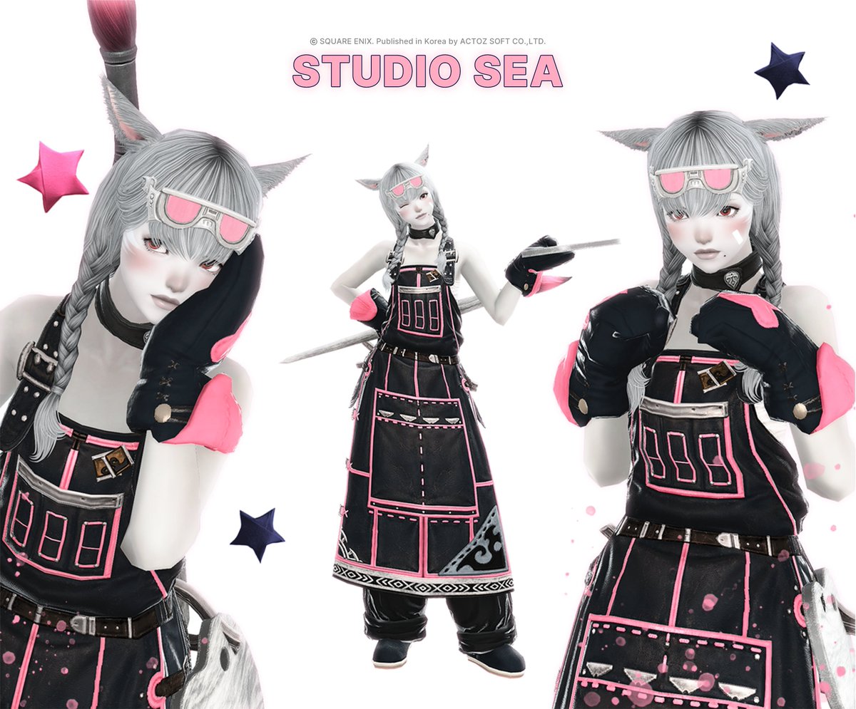 ✶STUDIO SEA✶ 
픽토맨서 LOOK ❶ 

✢ 모조 제련학자 고글 [회색ㆍ꽃분홍색] 
✢ 모조 제련학자 앞치마 [검푸른색ㆍ꽃분홍색] 
✢ 발렌티온 장갑 [검푸른색ㆍ꽃분홍색] 
✢ 시슈 귀부인 하의 [칠흑색] 
✢ 속삭임양모 장화 [검푸른색ㆍ숯검정색]  

#파판룩템 #ミラプリ #GPOSERS