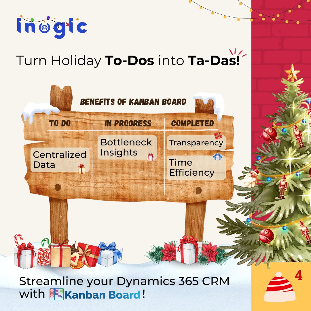 inogic's tweet image. #AdventWithInogic #Advent #day4

🎄 Organize your Dynamics 365 CRM tasks with ease this season! Track progress, spot delays, and simplify workflows with Kanban Board. 🌟 Explore more: bit.ly/3OCyuqW 

#KanbanBoard #HolidayProductivity #Dynamics365