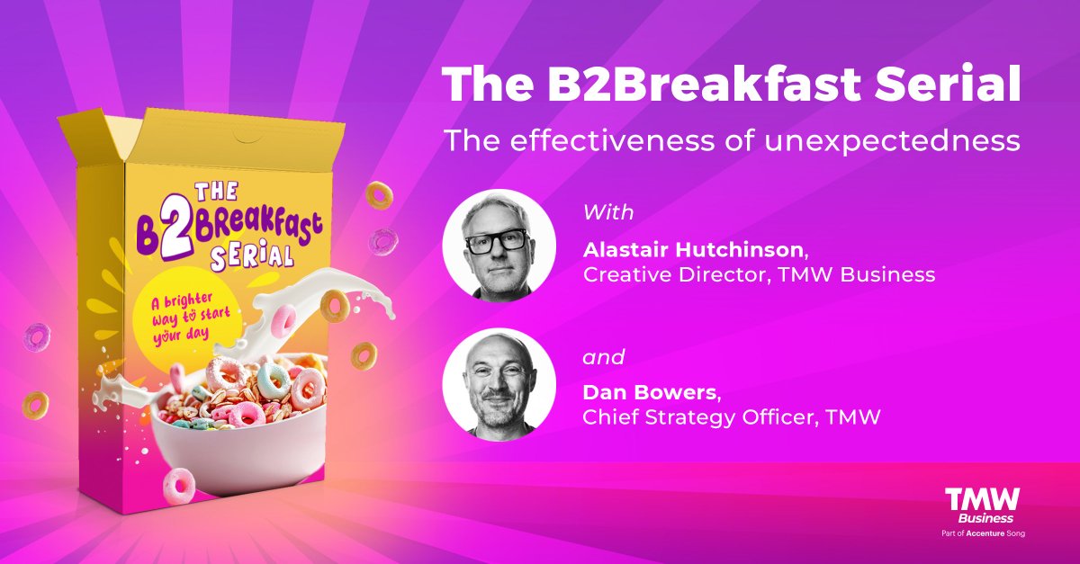 U N L I M I T E D (@unlimited_grp) on Twitter photo Want to elevate your B2B marketing?
Join <a href="/tmwbusiness/">TMW Business</a>'s B2Breakfast Serial on 10th December for "The Effectiveness of Unexpectedness" with Dan Bowers & Alastair Hutchinson.
📍 London
⏰ 9:15 AM
👉 Register now: hubs.ly/Q02-kHXs0 Want to elevate your B2B marketing?
Join <a href="/tmwbusiness/">TMW Business</a>'s B2Breakfast Serial on 10th December for "The Effectiveness of Unexpectedness" with Dan Bowers & Alastair Hutchinson.
📍 London
⏰ 9:15 AM
👉 Register now: hubs.ly/Q02-kHXs0