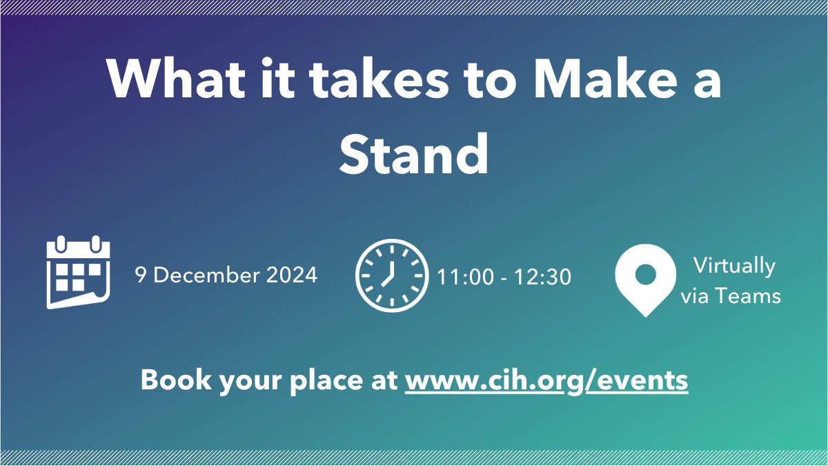 CIHhousing's tweet image. ⏰Join us on Monday to mark the end of the #16DaysOfActivism for a webinar on what it takes to #MakeAStand

Be inspired by the organisational changes housing providers have made to Make a Stand against domestic abuse.

Book your place➡️cih.org/events/what-it…

#NoExcuse
