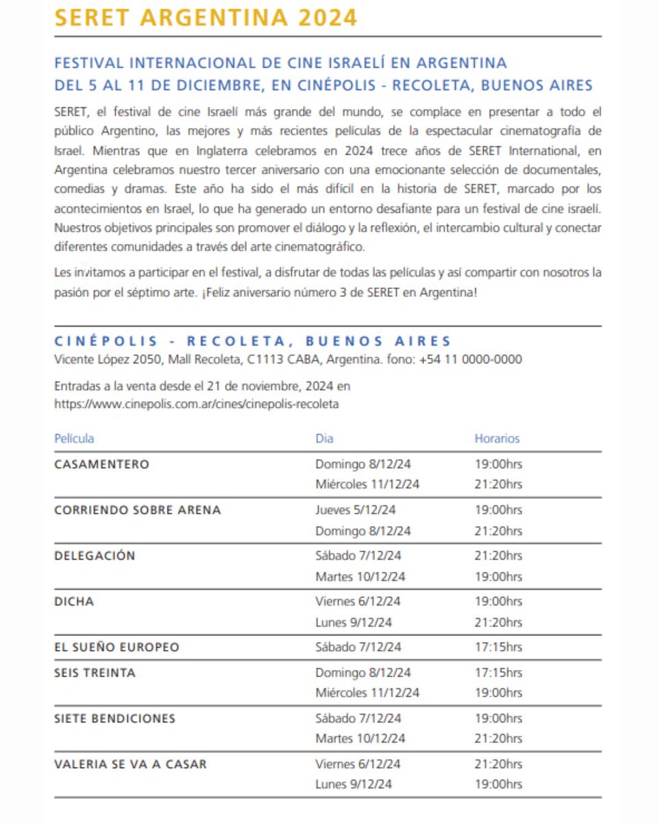 IsraelArgentina's tweet photo. 📷FESTIVAL INTERNACIONAL DE CINE ISRAELÍ EN ARGENTINA DEL 5 AL 11 DE DICIEMBRE, EN CINÉPOLIS - RECOLETA, BUENOS AIRES SERET, el festival de cine Israelí más grande del mundo, se complace en presentar las mejores y más recientes películas de la espectacular cinematografía de Israel. 
Los invitamos a participar en el festival, a disfrutar de todas las películas y así compartir con nosotros la pasión por el séptimo arte. 
➡Cinépolis recoleta - Vicente López 2050. @SeretFilmFest

Más info: https://t.co/26eL4shfaK