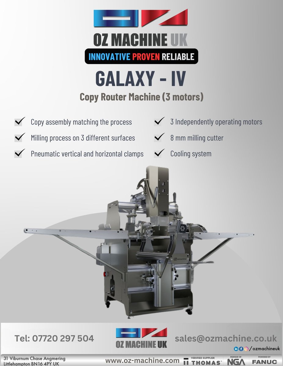 GALAXY - IV Copy Router Machine (3 motors)

Used for lock, handle, hinge and latch slot and channel opening processes with rotating the profile on 3 surfaces of aluminum and plastic profiles.
Contact sales 07720 297 504 or email sales@ozmachine.co.uk