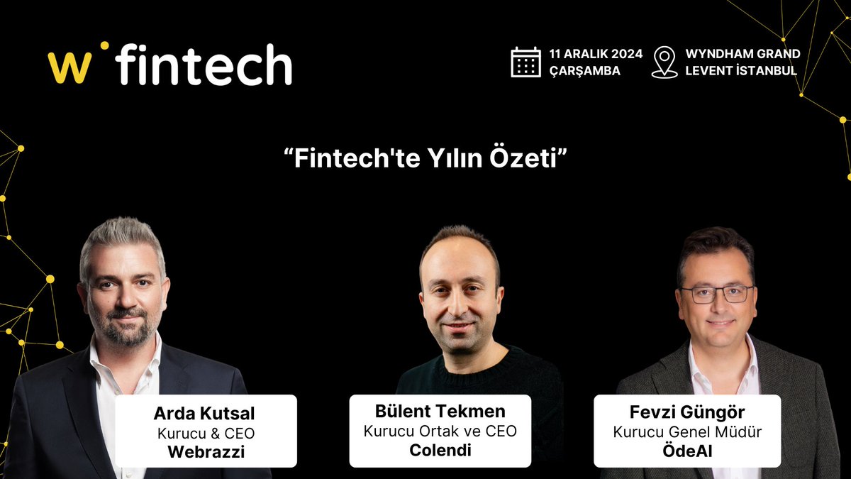 Webrazzi Fintech 2024’te, <a href="/webrazzi/">Webrazzi</a> Kurucu &amp; CEO’su <a href="/ardakutsal/">Arda Kutsal</a>, Colendi Kurucu Ortağı ve CEO’su Bülent Tekmen ve ÖdeAl Kurucu Genel Müdürü Fevzi Güngör, "Fintech'te Yılın Özeti" başlıklı panelde sahnede olacaklar. <a href="/ColendiApp/">Colendi</a> <a href="/odealpos/">Ödeal</a>

Siz de hemen yerinizi ayırtın!