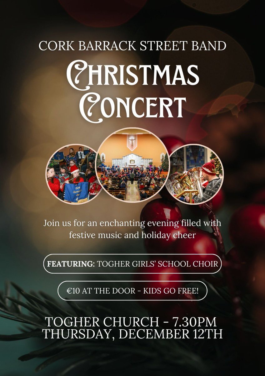 Cork Barrack Street Band 🎶 (@barrackstband) on Twitter photo 🎄🎶 Join us for a festive evening!
📅 Dec 12 | 🕢 7:30 PM | 📍 Togher Church
🎤 Featuring Togher Girls' School Choir
🎟️ €10 at the door (kids go free!)
<a href="/EoinBearla/">Eoin English</a> <a href="/echolivecork/">EchoLive.ie</a> <a href="/PaulByrne_1/">Paul Byrne</a> <a href="/pjcoogan/">PJ Coogan</a> <a href="/NeilRedFM/">Neil Prendeville</a> <a href="/OpinionLine96/">96fm Opinion Line</a> <a href="/CorksRedFM/">Red FM</a> <a href="/corkbeo/">Cork Beo</a> <a href="/MusicGenCC/">Music Generation Cork City</a> <a href="/pure_cork/">Pure Cork</a> 🎄🎶 Join us for a festive evening!
📅 Dec 12 | 🕢 7:30 PM | 📍 Togher Church
🎤 Featuring Togher Girls' School Choir
🎟️ €10 at the door (kids go free!)
<a href="/EoinBearla/">Eoin English</a> <a href="/echolivecork/">EchoLive.ie</a> <a href="/PaulByrne_1/">Paul Byrne</a> <a href="/pjcoogan/">PJ Coogan</a> <a href="/NeilRedFM/">Neil Prendeville</a> <a href="/OpinionLine96/">96fm Opinion Line</a> <a href="/CorksRedFM/">Red FM</a> <a href="/corkbeo/">Cork Beo</a> <a href="/MusicGenCC/">Music Generation Cork City</a> <a href="/pure_cork/">Pure Cork</a>