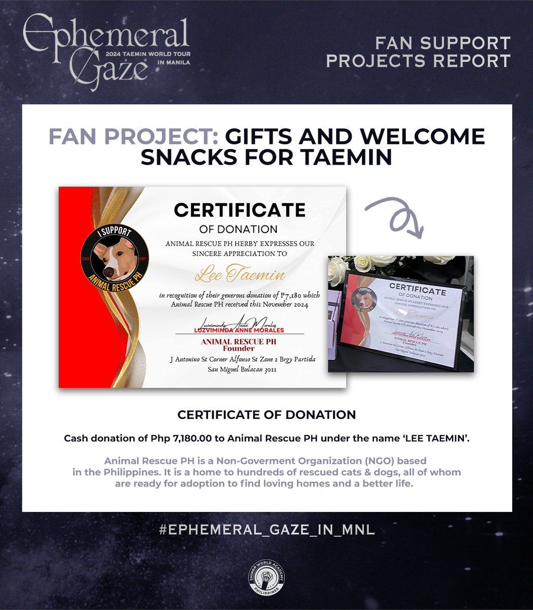 ✨Gifts &amp; Welcome Snacks For Taemin

[Animal Shelter Donation in Taemin's Name]

Thanks to everyone who participated in the donation drive, we were able to give Php7,180.00 to <a href="/animalrescueph/">ANIMAL RESCUE PH</a> in Taemin’s name and we were able to include the certificate in the welcome setup along