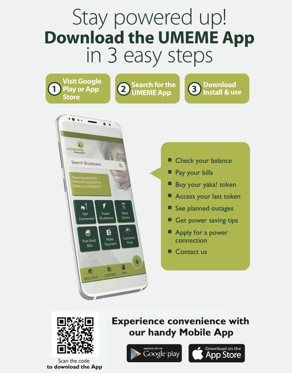 UmemeLtd's tweet photo. Stay powered up! Download the #UmemeApp in 3 simple steps.

📲 https://t.co/u8L9dxDWyH

#UmemeAtService #PoweringUganda https://t.co/tFnoJ0Efm3