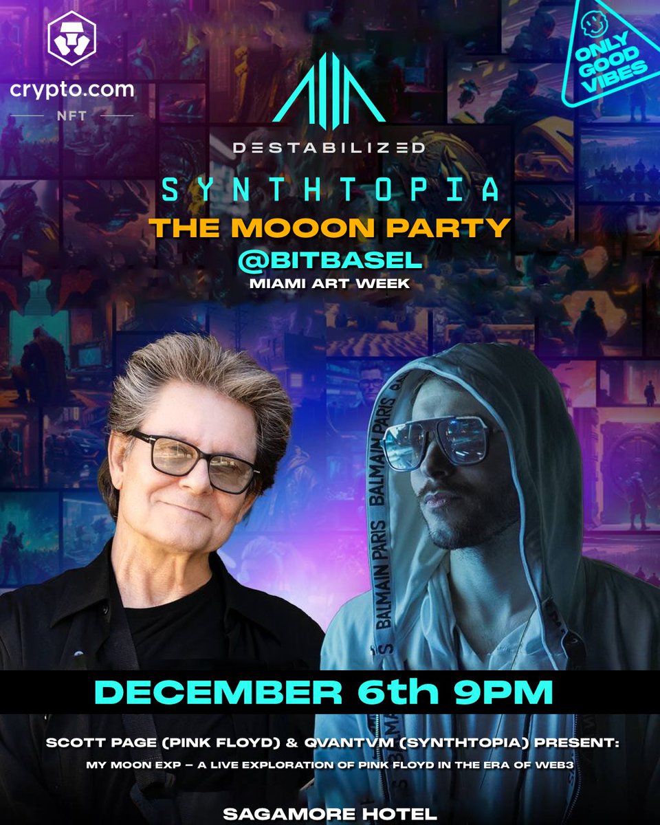synthtopiaworld's tweet photo. π #SYNTHTOPIAβThe Moon Party at @bitbaselart π
Join us at the 5th annual BitBasel Miami Art Week where QVANTVM (@qvantvm_space) and SCOTT PAGE (@iamscottpage) will present live βSYNTHTOPIA: My Moon EXP - a live exploration of Pink Floyd in the era of Web3.β
In February 2024, 25,000 iconic hit songs, albums, artwork, and behind-the-scenes content were sent to the Moon, and SYNTHTOPIA was a part of this monumental journey with Scott Page alongside works of Pink Floyd, Led Zeppelin, The Beatles, Jimi Hendrix, Bob Marley, Carlos Santana, Stan Lee, and more. Thank you @iamscottpage, @SpaceBlueclub, and @NASA for making this possible.
This Lunaprise Mission immortalizes our artistic legacy, cultural achievements, and technological progress over a billion years, ensuring that future generations, both terrestrial and extraterrestrial, can marvel at the artistic wonders that define our civilization.
More info on: https://t.co/VIIa0PG0KR
β° December 6th at 9:00PM
πSagamore Hotel, South Beach
π 'THE LEGENDS' secondary market is LIVE on @cryptocomnft. Collect-and-Earn:
https://t.co/3g6BJiaWSq
π SYNTHTOPIA Highlights:
β’ $1.8M+ Traded & Growing
β’ $900K+ traded directly between collectors
β’ $350K+ worth of prizes awarded to holders
β’ Doxxed-veteran team with backgrounds ranging from Netflix to Pink Floyd, and Cyberpunk 2077 to Batman
β’ Global partners and a robust Media Franchise roadmap
π‘οΈYOU ARE THE LEGEND.
βοΈSHAPE THE SAGA.
#SpaceBlueClub #Lunaprise #NASA #ScottPage #Qvantvm