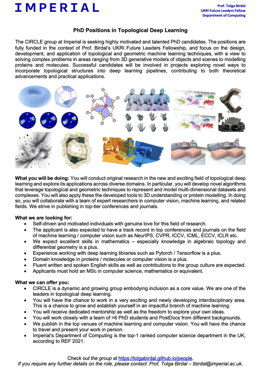 tolga_birdal's tweet image. Within 2025, I will be hiring several PhD candidates and Postdoctoral researchers @ICComputing to work on various aspects of #TopologicalDeepLearning (#TDL). Posts are attached. The postdoc positions are also available to apply under:
imperial.ac.uk/jobs/search-jo…
#CVPR #CVML #AI #ML