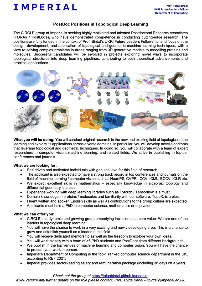 Tolga Birdal (@tolga_birdal) on Twitter photo Within 2025, I will be hiring several PhD candidates and Postdoctoral researchers <a href="/ICComputing/">Imperial Computing</a> to work on various aspects of #TopologicalDeepLearning (#TDL). Posts are attached. The postdoc positions are also available to apply under:
imperial.ac.uk/jobs/search-jo…
#CVPR #CVML #AI #ML Within 2025, I will be hiring several PhD candidates and Postdoctoral researchers <a href="/ICComputing/">Imperial Computing</a> to work on various aspects of #TopologicalDeepLearning (#TDL). Posts are attached. The postdoc positions are also available to apply under:
imperial.ac.uk/jobs/search-jo…
#CVPR #CVML #AI #ML