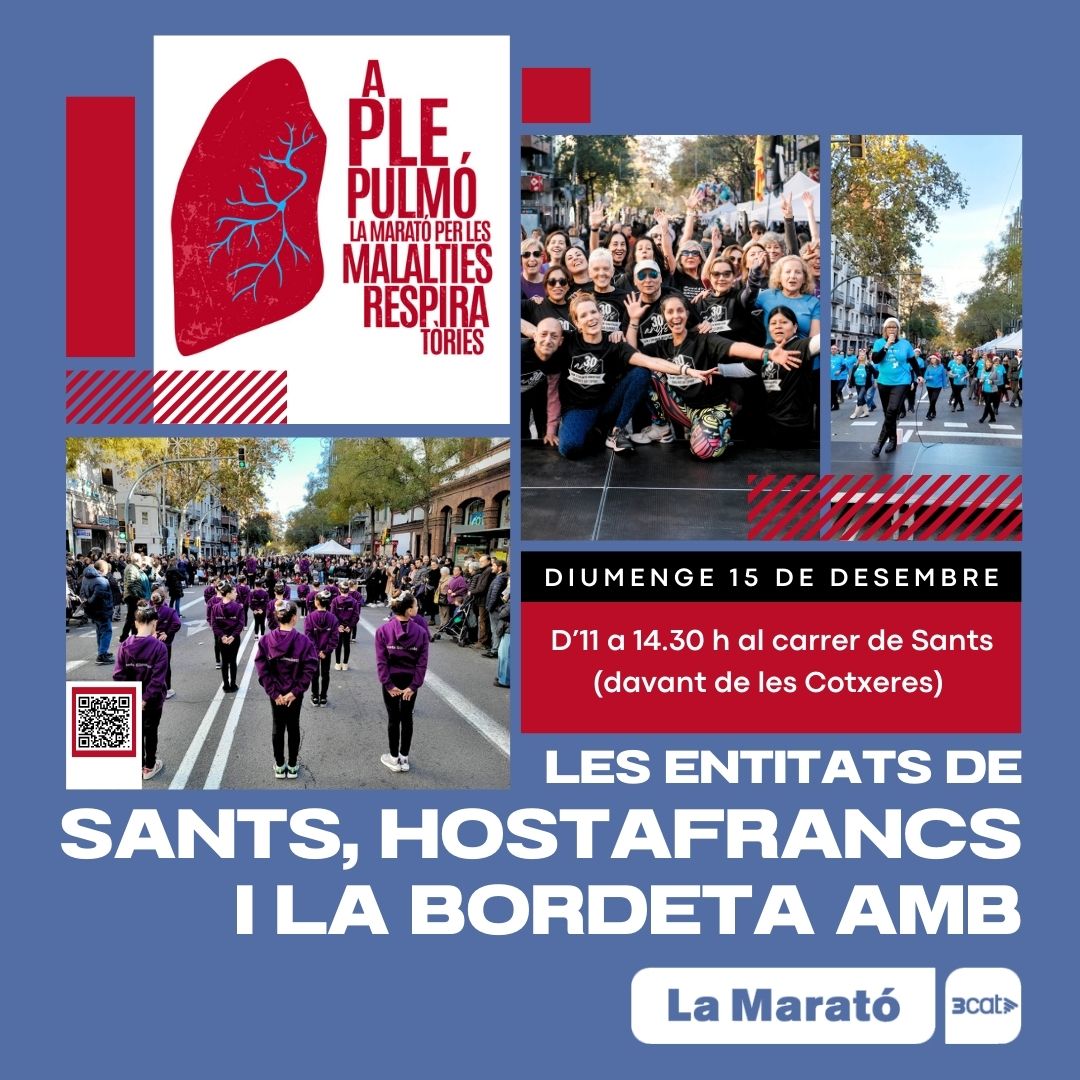 📢Les entitats de #Sants #Hostafrancs i #laBordeta, amb <a href="/la_marato/">La Marató de 3Cat</a>!
🫁Us esperem a un matí d'activitats per recollir fons per les malalties respiratòries!
✨Música, dansa esport, tallers, artesania...
📅15 desembre
⏰11 a 14.30 h
📌Davant de Cotxeres 
✅bit.ly/marato2024