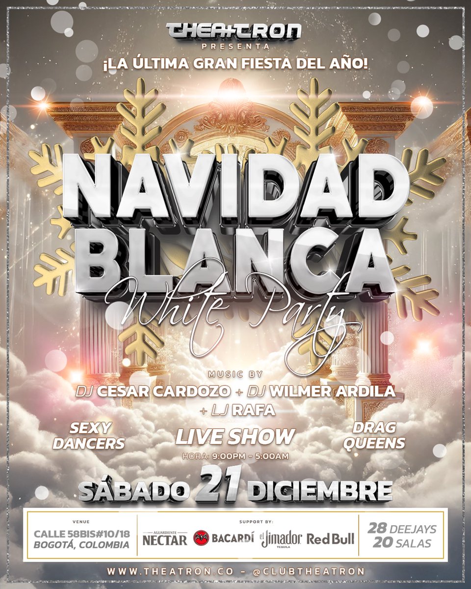 OrgulloLGBT's tweet photo. #programate 21 de Diciembre "Navidad Blanca" LA ÚLTIMA GRAN FIESTA DEL AÑO en @theatronbogota
LIVE SHOW 🎤+ 20 SALAS🎪 + DRAG QUEENS💄 + #SEXYDANCERS 🔥+ 28 DJs 🎧+ GOGOS
https://t.co/26qRzTw3Y6 https://t.co/oIjrXlMs7Y