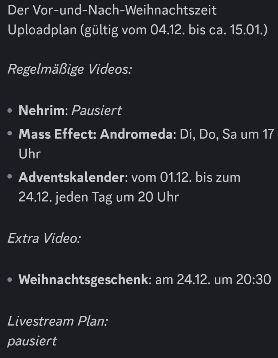 Heyho ihr Marinaden😁

Da ich bald für ca. 3 Wochen im Urlaub bin, gibt es eine kleine Änderung im Uploadplan, siehe Bild.

Sorry für den Ausfall von Nehrim🙇‍♀️

Außerdem: mittlerweile 571 Abonnenten 😱 das ist echt krass, vielen Dank!🥹🫶

LG 
Eure Marina🧡

#YouTube #Gaming