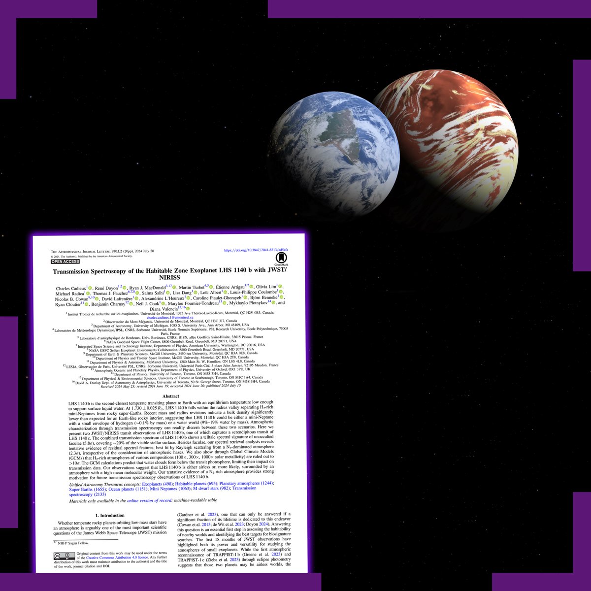 📄Νέα μελέτη αναλύει δεδομένα που κατέγραψε το James Webb για τον εξωπλανήτη LHS 1140b, ο οποίος ενδέχεται να έχει ατμόσφαιρα με άζωτο και ωκεανό που καλύπτει το 10-20% της μάζας του, παρότι η επιβεβαίωση των δεδομένων εκκρεμεί.

Περισσότερα στο άρθρο μας: bit.ly/4fYLUts