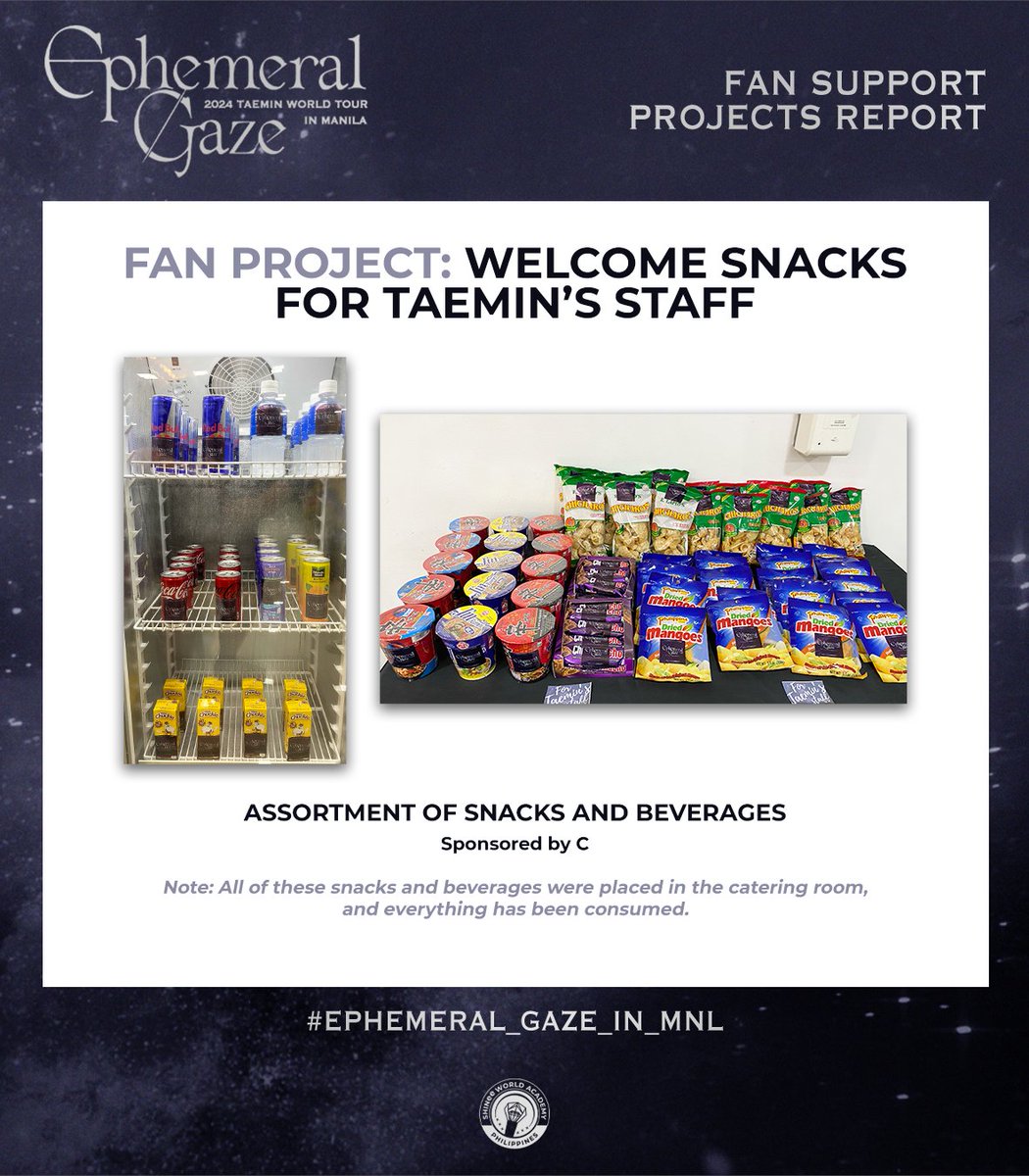 ✨Welcome Snacks For Taemin's Staff

Like Taemin, we also wanted to make sure that his staff had access to the snacks and drinks. We're happy that we were able to place some in the catering room for his team to enjoy.

Everything we prepared for the staff? ALL GONE.😊

#TAEMIN