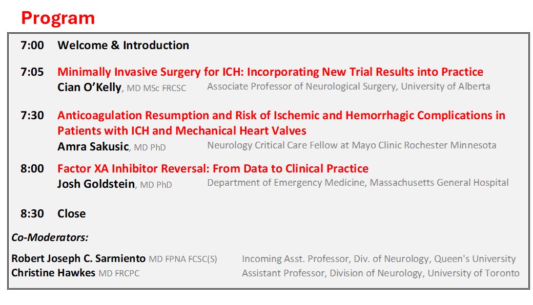 Christine Hawkes, MD (@cmhawkes) on Twitter photo 📣Tonight 19:00 EST! <a href="/CSC_Stroke/">Canadian Stroke Consortium</a> Webinar. Clinical Conundrums in ICH Management: Surgical Approaches, Anticoagulation Challenges, and Reversal Considerations.
strokeconsortium.ca 📣Tonight 19:00 EST! <a href="/CSC_Stroke/">Canadian Stroke Consortium</a> Webinar. Clinical Conundrums in ICH Management: Surgical Approaches, Anticoagulation Challenges, and Reversal Considerations.
strokeconsortium.ca