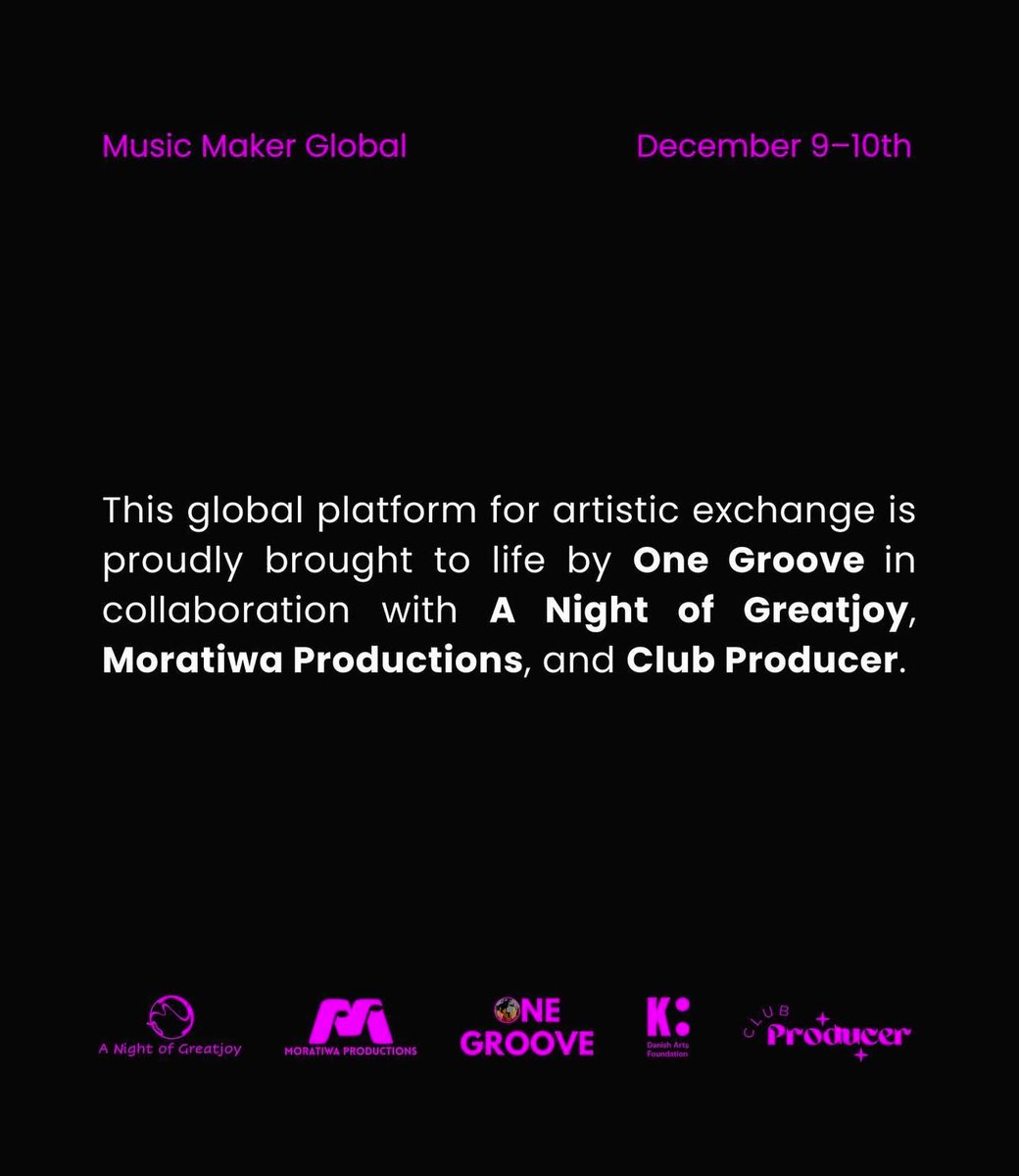 12 artists. 4 countries. 1 transformative journey.
On December 9–10, 2024, One Groove Music Maker Global unites 12 extraordinary artists from Copenhagen, Johannesburg, Gaborone, and Casablanca in an unprecedented cross-cultural exchange.

✨ This two-day creative experience