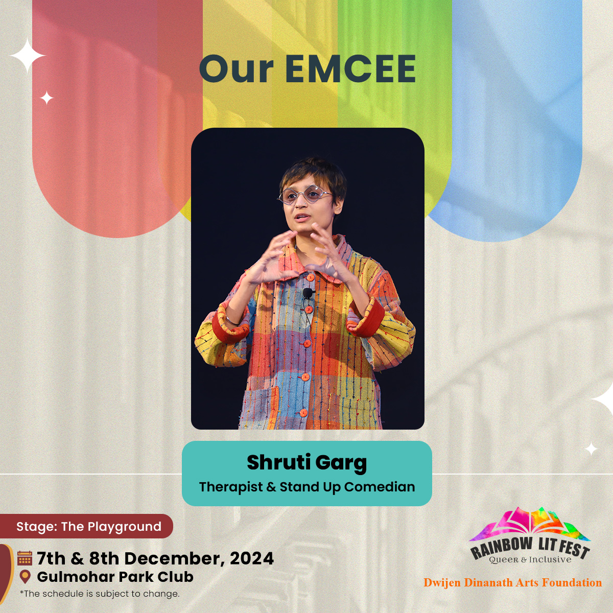 RainbowLitFest's tweet image. This year, the stage at Rainbow Lit Fest isn’t just a platform—it’s an experience, brought to life by a stellar lineup of #emcees from diverse backgrounds.

Expect a mix of quirky anecdotes, inspiring stories, and impromptu laughs.@DivyanshShaan 

Tickets- insider.in/rainbow-litera…