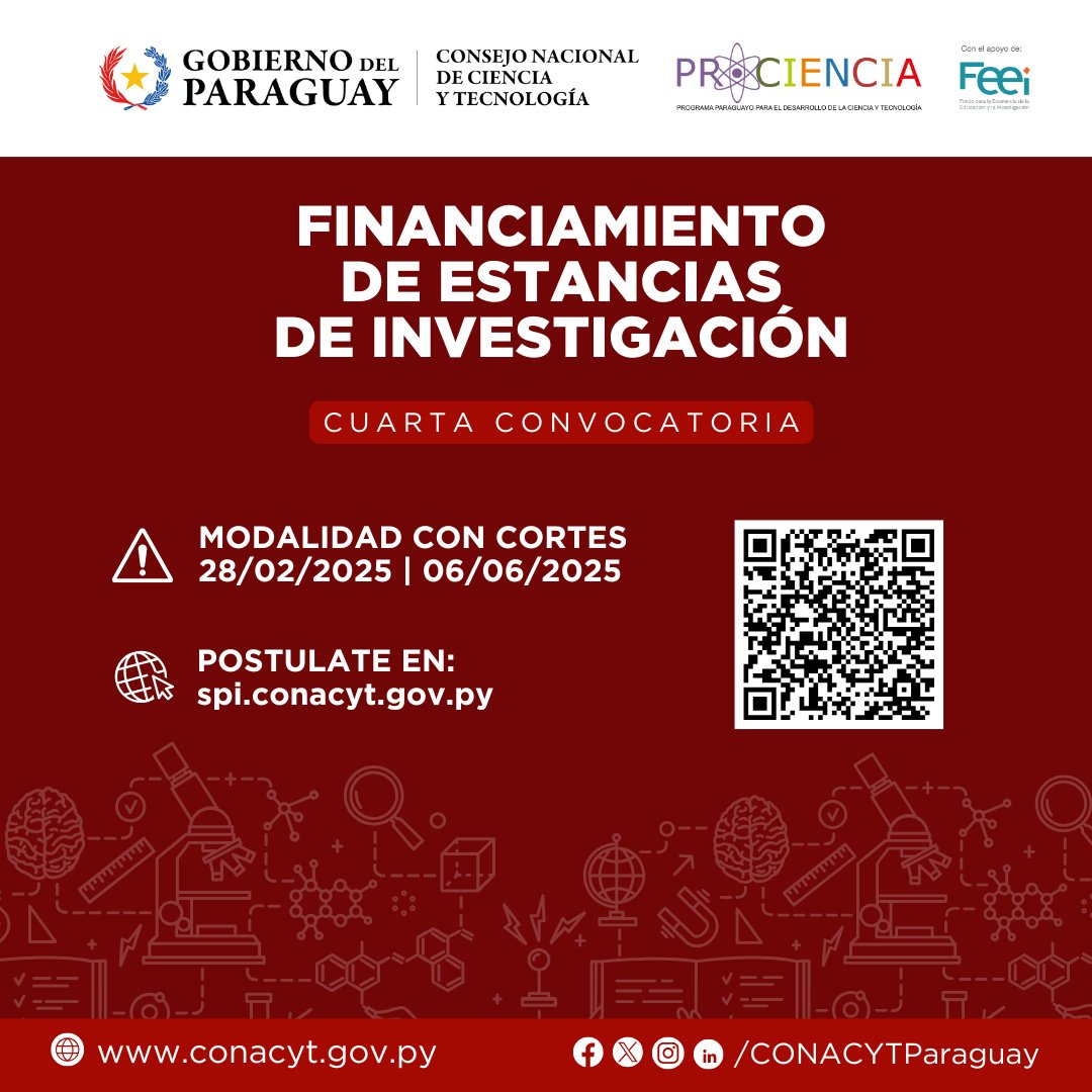 conacytparaguay's tweet photo. 🗣 El CONACYT invita a investigadores profesionales y en formación, a postular a la cuarta convocatoria para el Financiamiento de Estancias de Investigación.

👉 El apoyo monetario será hasta  ₲ 32.779.578 por propuesta adjudicada. https://t.co/wP4B515Qrh
