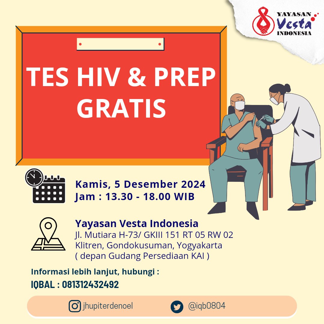 Iqb0804's tweet photo. Yuk bisa Tes HIV dan Prep Gratis
Bsk Kamis, 5 Desember 2024
Jam 13.30-18.00 WIB
Informasi dan Pendaftaran bisa langsung WA 081312432492 atau DM ya 😉😉😉
#teshiv #teshivgratis #teshivjogja
#prepjogja #prep #prepgratis
#gayjogja #gaybantul #gaysleman https://t.co/U1BcmOH27B