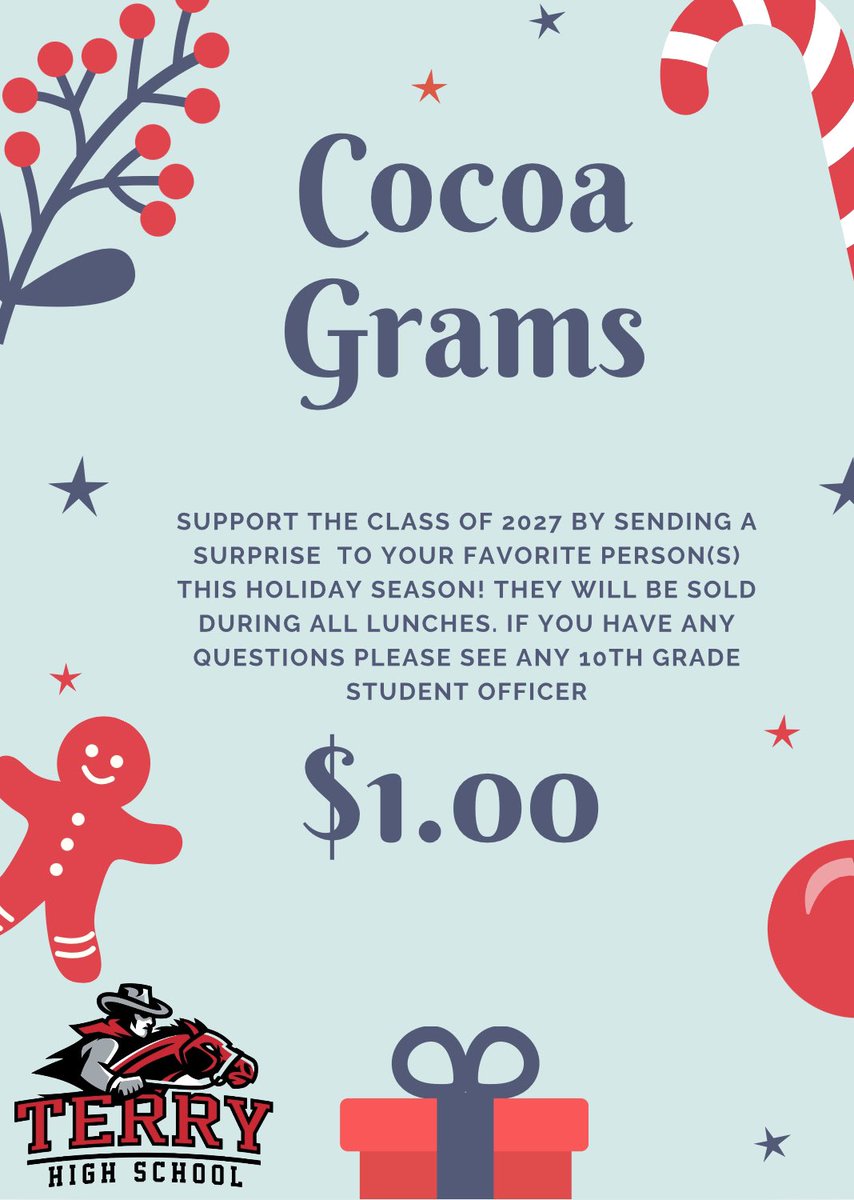 Surprise a friend or friends with some holiday cheer and buy them a hot cocoa gram☕️! See a class officer during any lunch to order a gram to be delivered Friday 12/13!