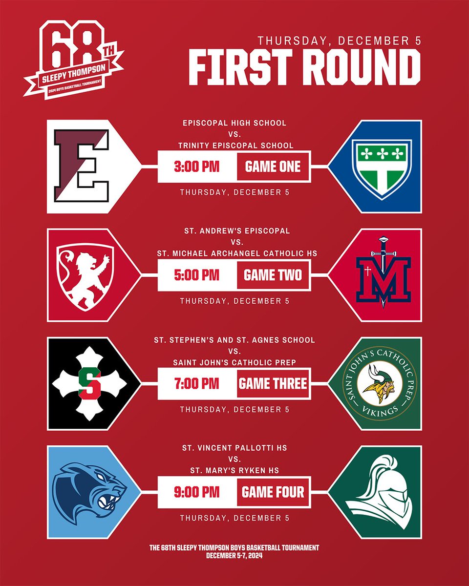 SSSAS_Athletics's tweet photo. Tomorrow is the day! The 68th Sleepy Thompson Boys Basketball Tournament tips off with four marquee matchups.

#onesaint #sleepythompson #68thsleepy https://t.co/NVG5h9Qcbj