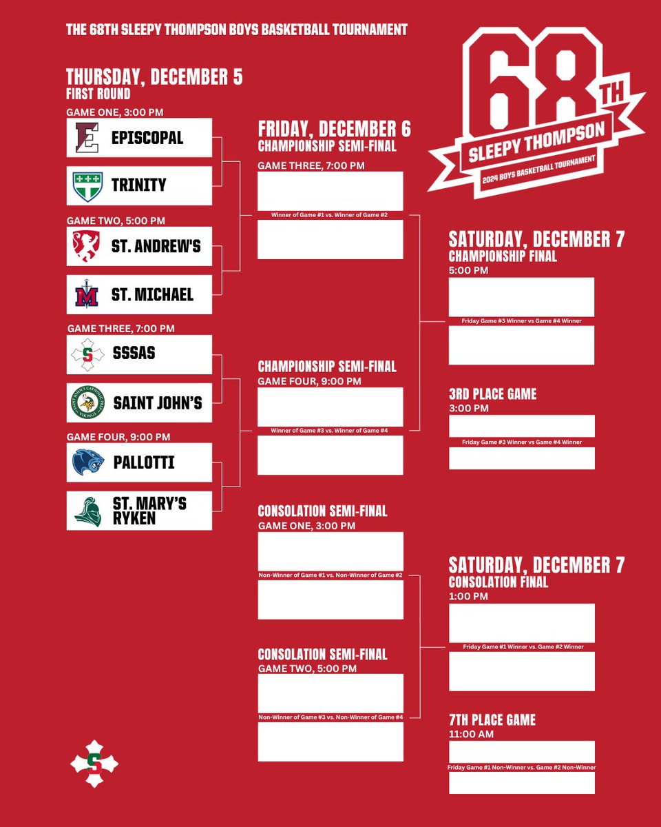 SSSAS_Athletics's tweet photo. Tomorrow is the day! The 68th Sleepy Thompson Boys Basketball Tournament tips off with four marquee matchups.

#onesaint #sleepythompson #68thsleepy https://t.co/NVG5h9Qcbj