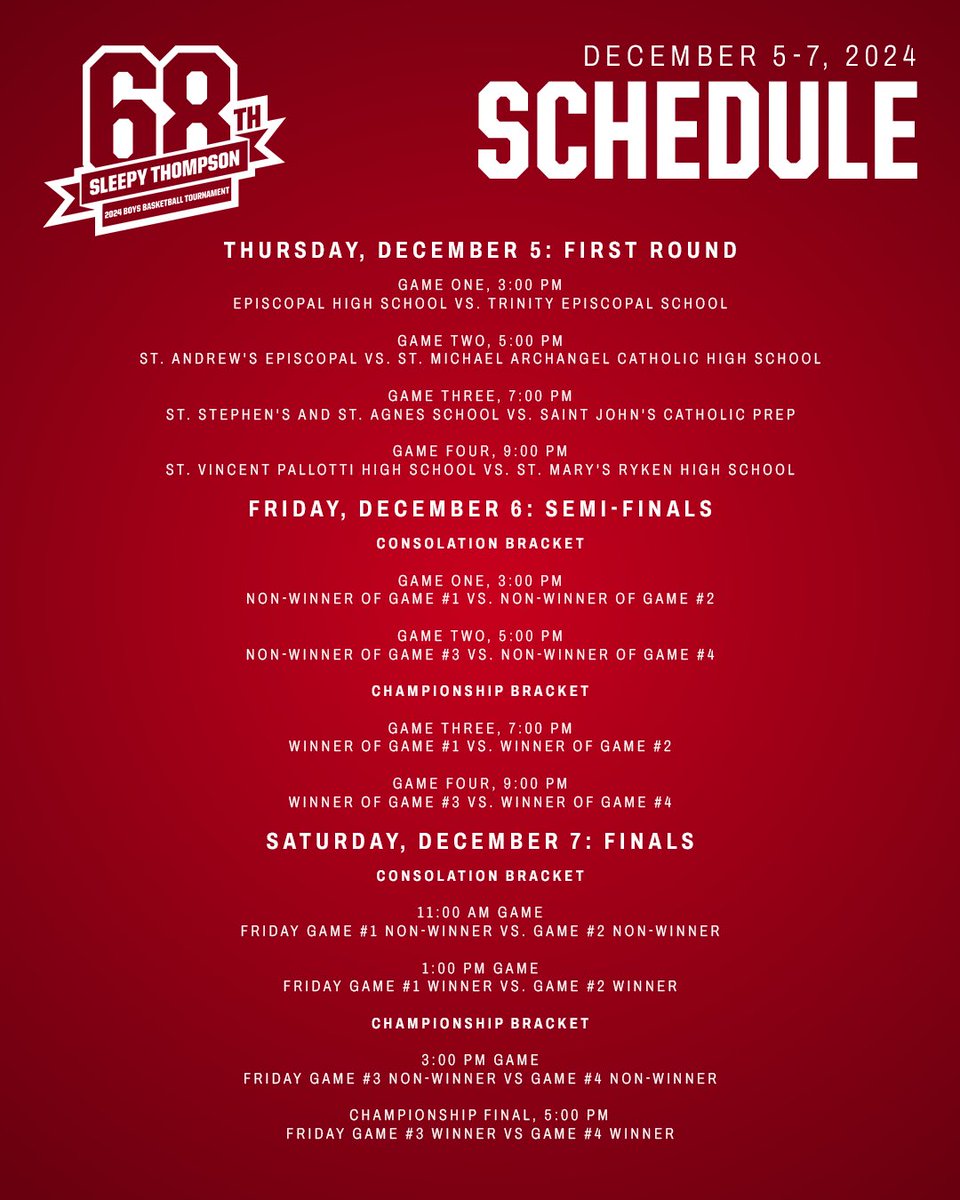 SSSAS_Athletics's tweet photo. Tomorrow is the day! The 68th Sleepy Thompson Boys Basketball Tournament tips off with four marquee matchups.

#onesaint #sleepythompson #68thsleepy https://t.co/NVG5h9Qcbj