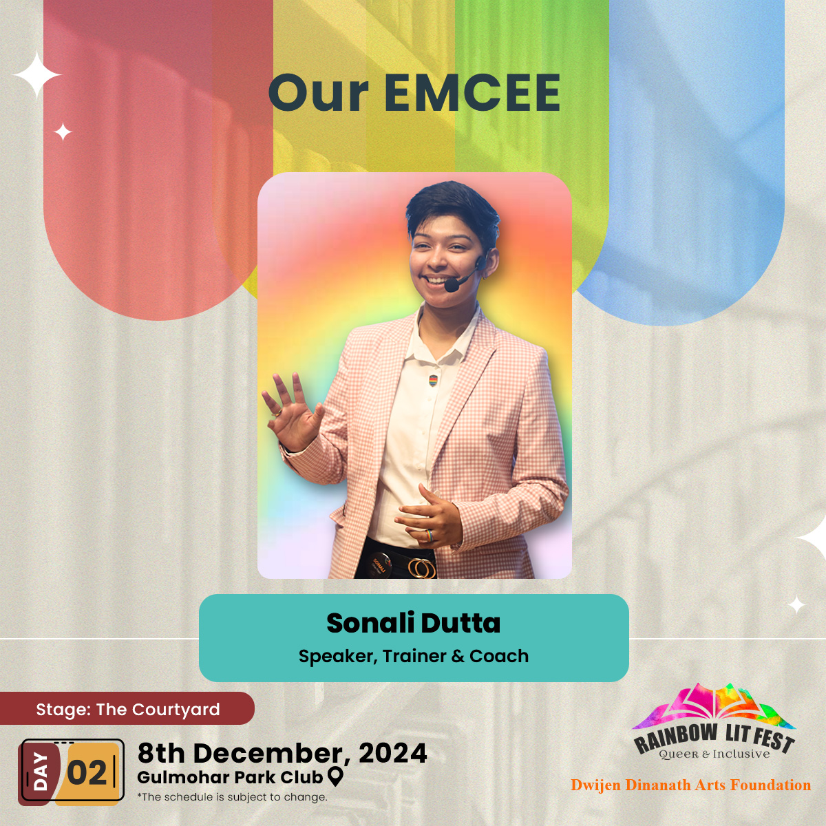 RainbowLitFest's tweet image. This year, the stage at Rainbow Lit Fest isn’t just a platform—it’s an experience, brought to life by a stellar lineup of #emcees from diverse backgrounds.

Expect a mix of quirky anecdotes, inspiring stories, and impromptu laughs.@DivyanshShaan 

Tickets- insider.in/rainbow-litera…