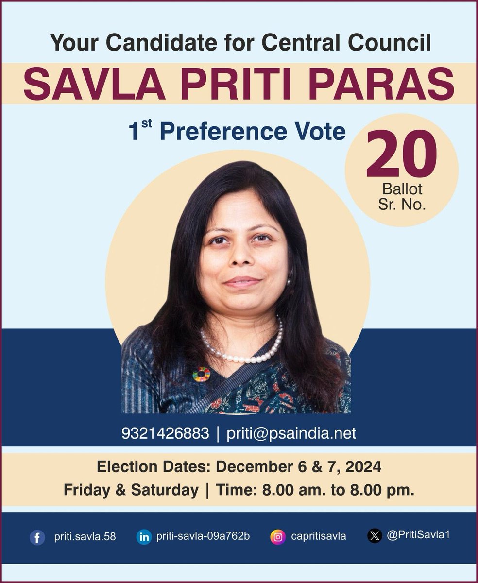 parassavla's tweet photo. 1st Preference Vote for CA Priti Savla and be part of the transformation! 🗳️ #ICAI #CentralCouncilElection #CAPritiSavla #Leadership #Innovation #Support https://t.co/VL4pHyiX3u