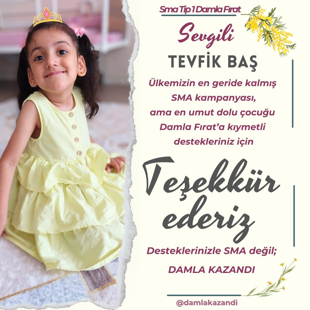 Tevbas's tweet image. Desteklerinizle Umut Olduk! 💛🌼

SMA Tip 1 savaşçısı minik Damla Fırat’ın umut dolu mücadelesine destek olmanın mutluluğunu yaşıyoruz. Bir çocuğun daha hayata tutunmasına katkı sağlamak, bizim için tarifsiz bir gurur.

Hem Emadder Derneği olarak hem de bireysel çabalarımızla bu