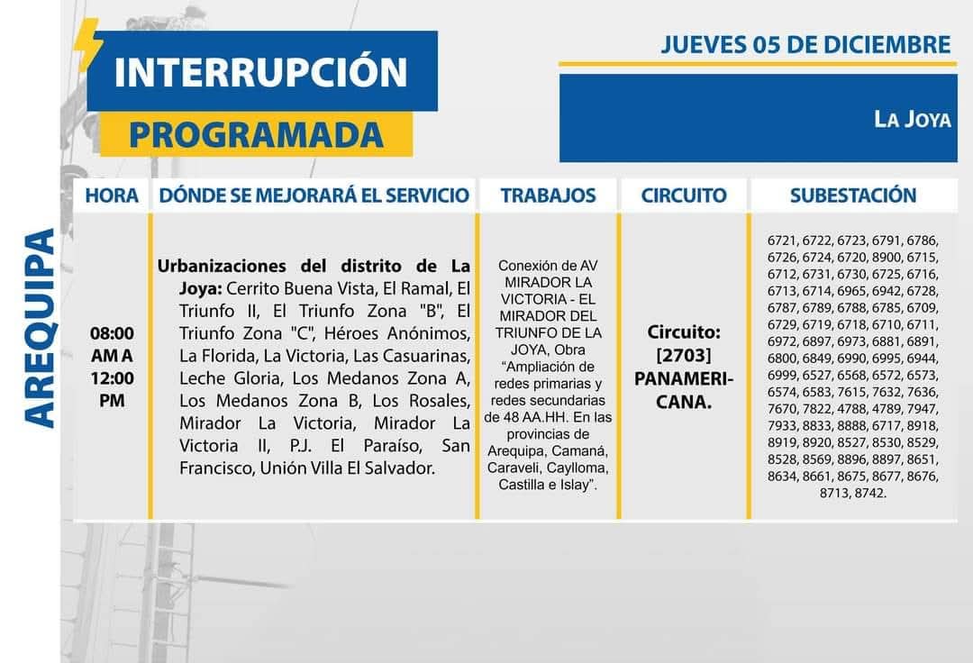 ArequipaMetropo's tweet image. #ATENCION 🚨|| #InterrupciónProgramada🔌
🗓 JUEVES 0️⃣5️⃣ DE DICIEMBRE
⚡ Trabajos en el suministro eléctrico en algunas zonas de:
📍 Miraflores, Characato, Mollebaya, La Joya [Provincia de #Arequipa]
📍 Mariscal Cáceres [Provincia de #Camaná]
📍 Majes [Provincia de #Caylloma]