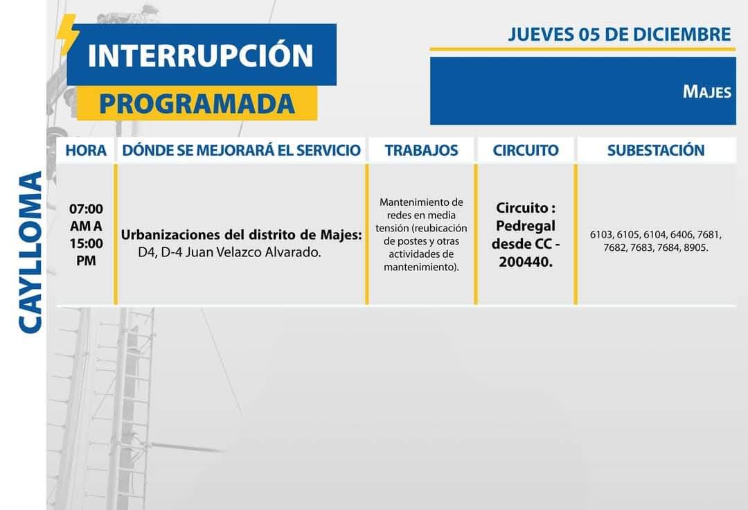 ArequipaMetropo's tweet image. #ATENCION 🚨|| #InterrupciónProgramada🔌
🗓 JUEVES 0️⃣5️⃣ DE DICIEMBRE
⚡ Trabajos en el suministro eléctrico en algunas zonas de:
📍 Miraflores, Characato, Mollebaya, La Joya [Provincia de #Arequipa]
📍 Mariscal Cáceres [Provincia de #Camaná]
📍 Majes [Provincia de #Caylloma]