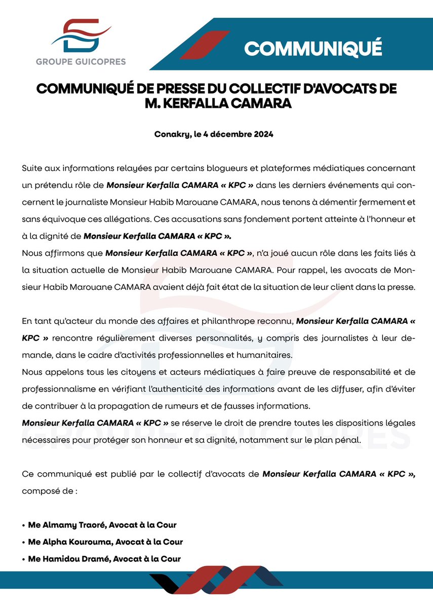 Guicopres_SA's tweet photo. 📃 𝗖𝗢𝗠𝗠𝗨𝗡𝗜𝗤𝗨É 𝗗𝗘 𝗣𝗥𝗘𝗦𝗦𝗘 𝗗𝗨 𝗖𝗢𝗟𝗟𝗘𝗖𝗧𝗜𝗙 𝗗'𝗔𝗩𝗢𝗖𝗔𝗧𝗦 𝗗𝗘 𝗠. 𝗞𝗘𝗥𝗙𝗔𝗟𝗟𝗔 𝗖𝗔𝗠𝗔𝗥𝗔

#GroupeGuicopres #Avocat #Communiqué https://t.co/RcnpqX7Lak