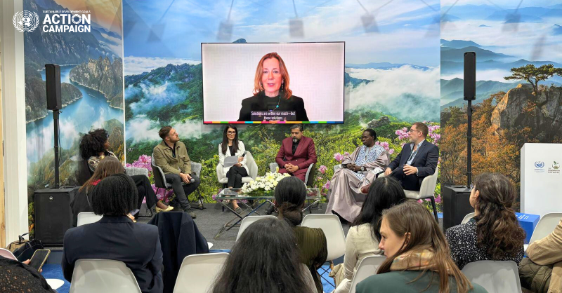 SDGaction's tweet photo. At #COP16Riyadh, our Global Director @pontimari launched the HOPE IN ACTION art exhibit in collaboration with @thehugxyz. The event united globally celebrated artists and environmental advocates, showcasing the power of art and storytelling in driving change. #UNCCDCOP16