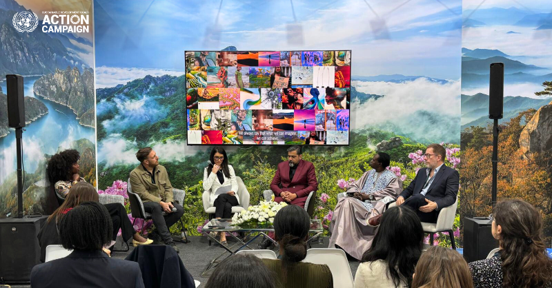 SDGaction's tweet photo. At #COP16Riyadh, our Global Director @pontimari launched the HOPE IN ACTION art exhibit in collaboration with @thehugxyz. The event united globally celebrated artists and environmental advocates, showcasing the power of art and storytelling in driving change. #UNCCDCOP16