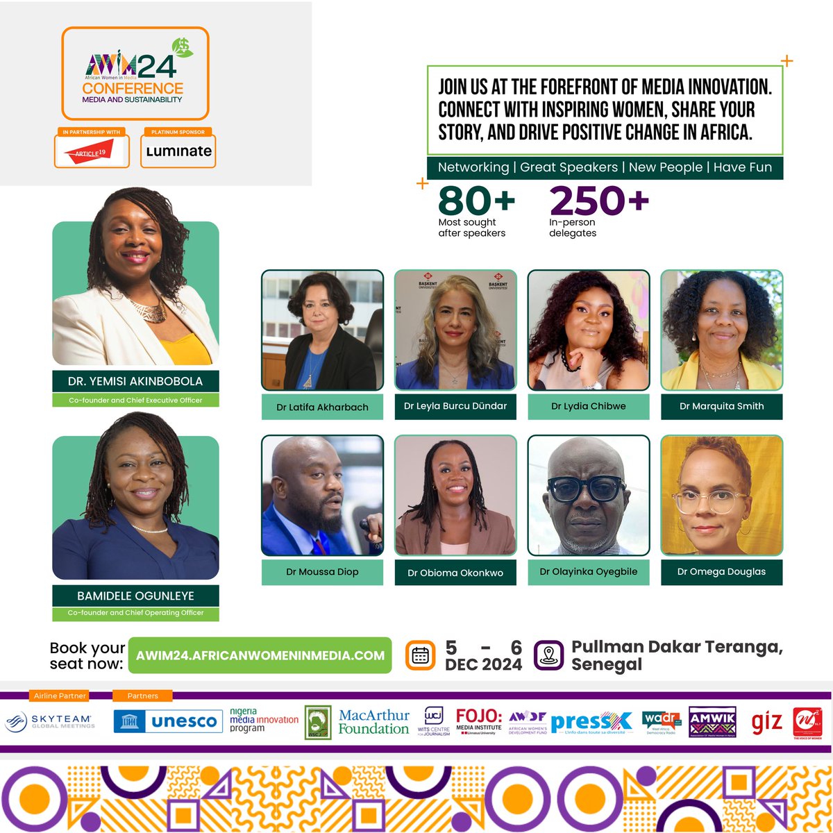 African Women in Media (AWiM) (@realawim) on Twitter photo The African Women in Media Annual Conference is just hours away!
Happening 5–6 December 2024 at the Pullman Dakar Teranga, Senegal, #AWiM24 brings together 250+ attendees and 80+ sought-after speakers, including leaders and visionaries shaping the future of media and The African Women in Media Annual Conference is just hours away!
Happening 5–6 December 2024 at the Pullman Dakar Teranga, Senegal, #AWiM24 brings together 250+ attendees and 80+ sought-after speakers, including leaders and visionaries shaping the future of media and