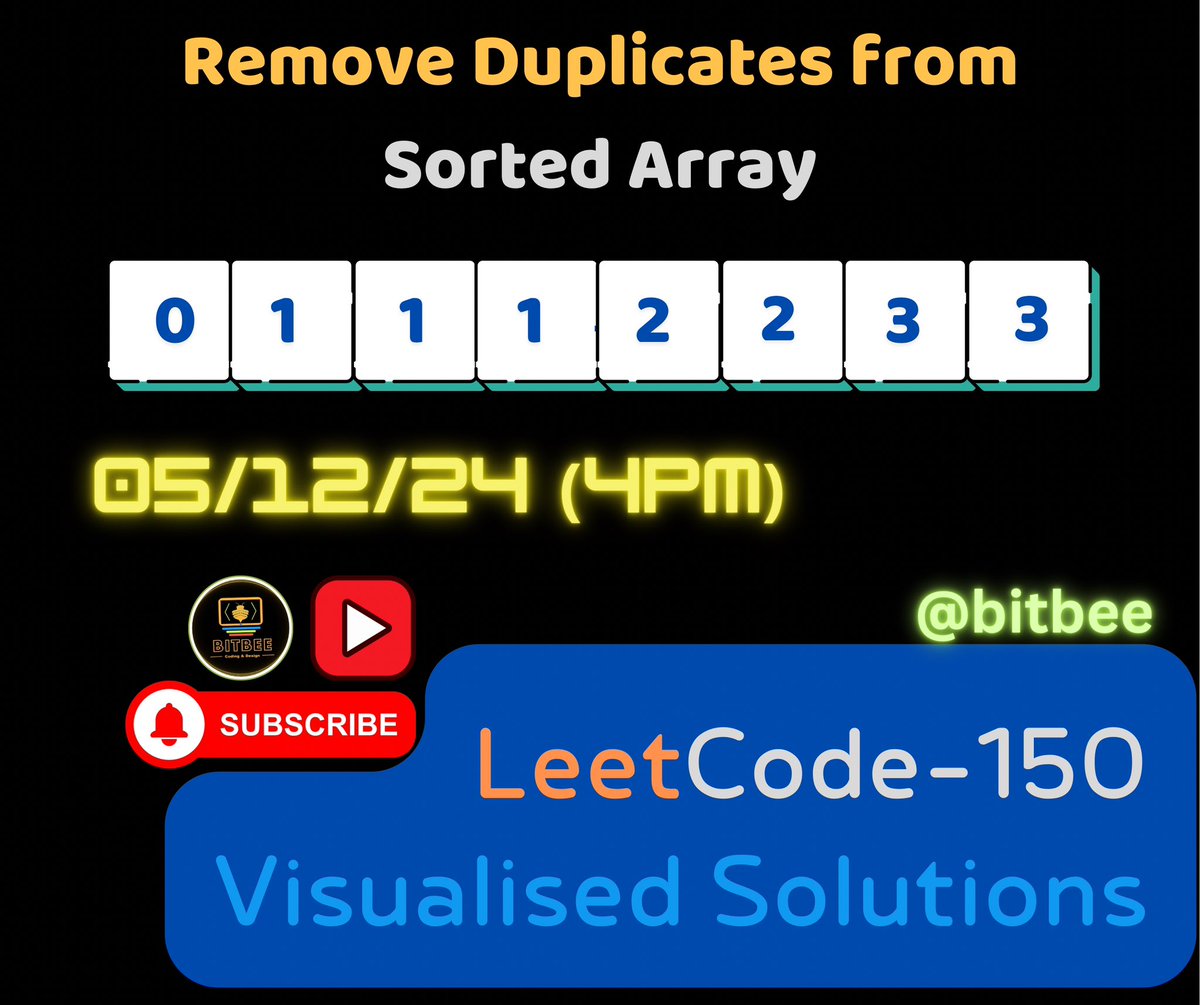 bitbee24's tweet image. Visualised LeetCode solutions 

Bitbee’s Leetcode-150
#3. Remove Duplicates from sorted array

YT Playlist 🔗: 

youtube.com/playlist?list=…

#leetcode #dsa #bitbee #youtube #arrays