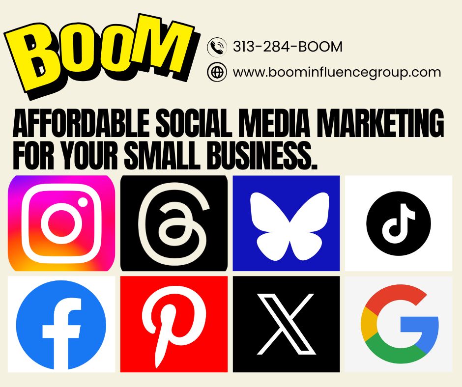 Are you a business owner looking to boost your brand's visibility and connect with your target audience on social media platforms like Facebook, Instagram, Google, and LinkedIn? Contact BOOM Marketing at 313-284-BOOM for expert assistance.