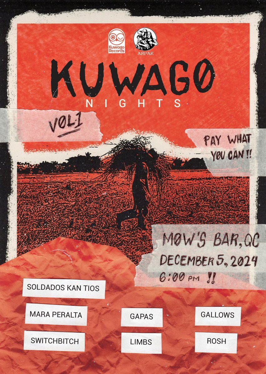 arpakph's tweet photo. Borrowing from the words of Filipino poet Edel Garcellano, “The task is heroic. Music* is a minor matter.” 

On Kuwago Records's special launch show “Kuwago Nights Vol. 1” tomorrow, Dec. 5, 6 PM at @Mows_Bar, its current roster takes the stage, taking part in a People'a culture. https://t.co/1STIZiuemx