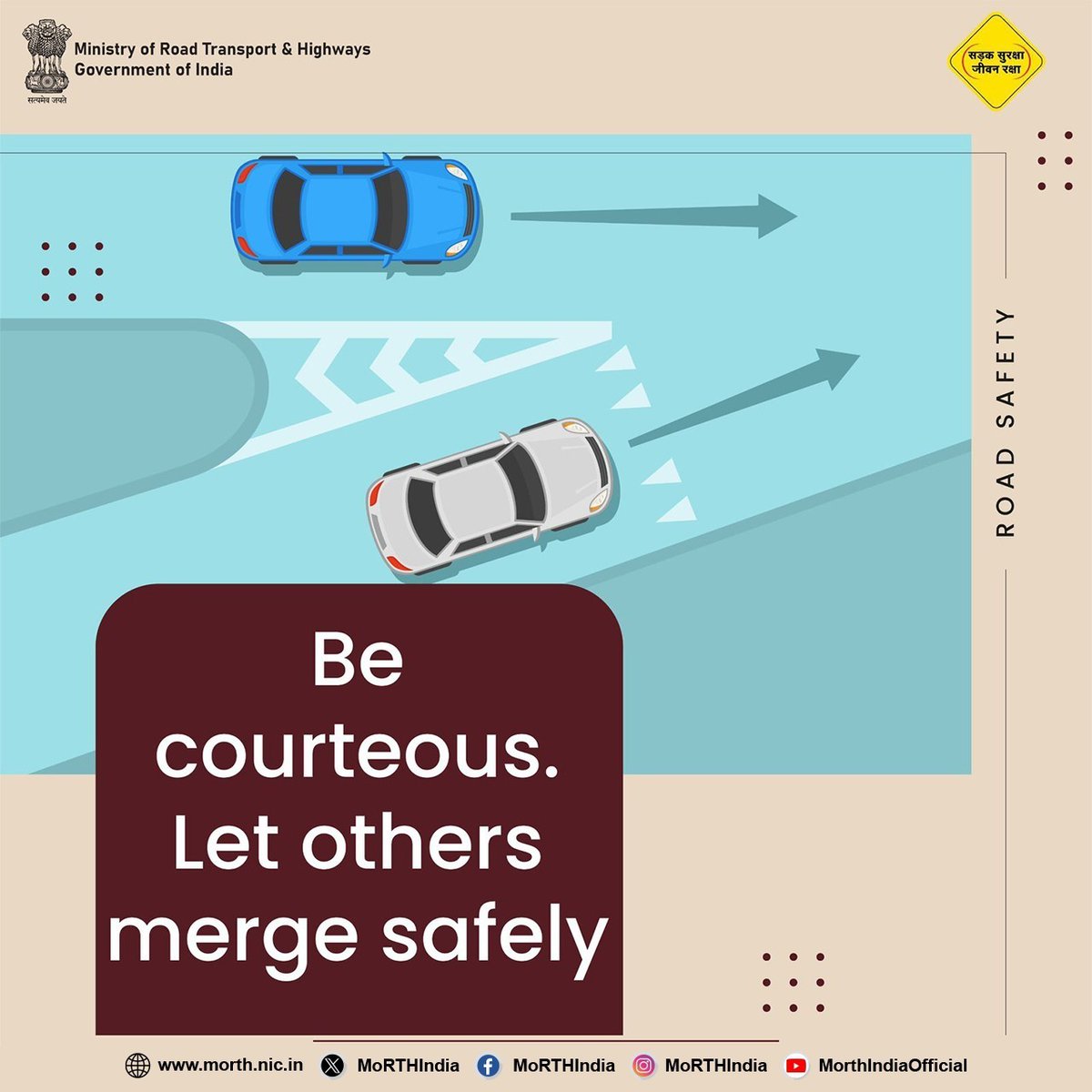 MORTHIndia's tweet photo. Slow down at intersections and convergence points to allow others to merge safely into the traffic #SadakSurakshaJeevanRaksha #RoadSafety #DriveResponsibly https://t.co/jWXqDfiraW