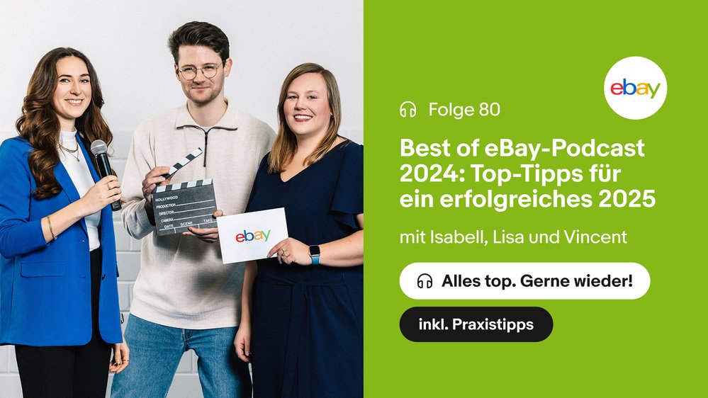 Die neue #eBay Podcastfolge mit dem Rückblick auf 2024 ist on Air! 💨 Unsere Hosts Isabell Butterwegge, Lisa Haak und Vincent Rek teilen ihre Lieblingsfolgen und geben wertvolle Tipps für das Geschäftsjahr 2025. #eBay feiert ein erfolgreiches Podcastjahr 2024 mit: 18 Folgen + 4
