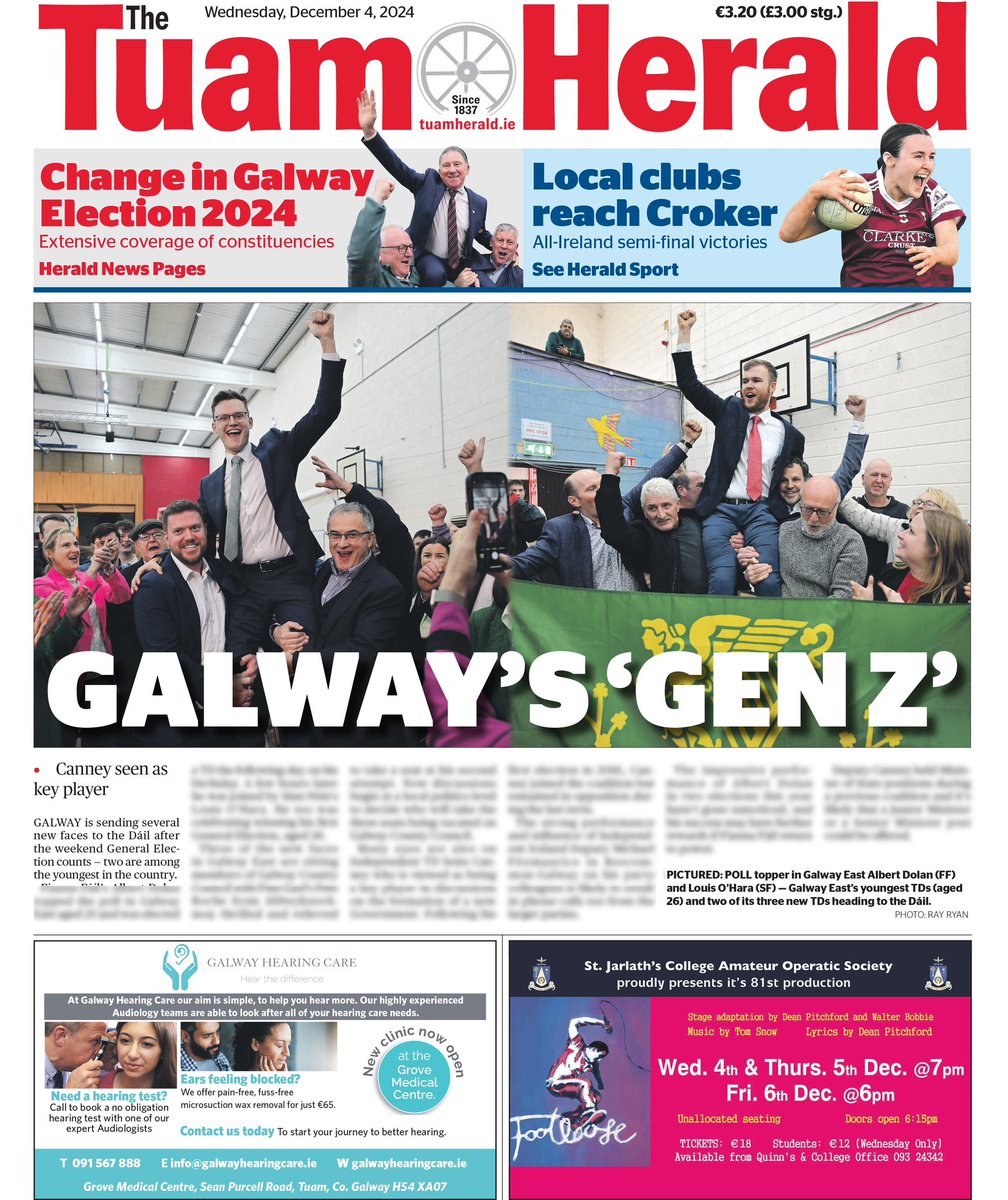 WEDNESDAY is Tuam Herald Day! It’s been a busy weekend in news and sport- lots of coverage from the political and sports fields this week. 
#localnews #lovelocal #localnewspaper #GeneralElection2024 #Election2024 #GAA #LocalNewsMatters