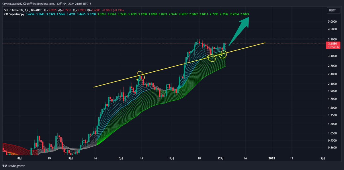 $SUI 在上升支阻趋势线附近出现了不错的反弹

我觉得它现在有机会突破 $5 

$SUI